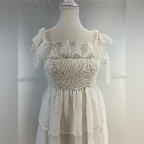 Square Neck Puff Sleeves Ruffle Midi Dress Boho Swiss Dot Tie Back Smocked Dress - Picture 9 of 17